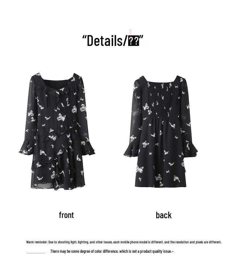 2025 Spring Fashion Print Chiffon Dress with Flared Sleeves for Plus Size Women