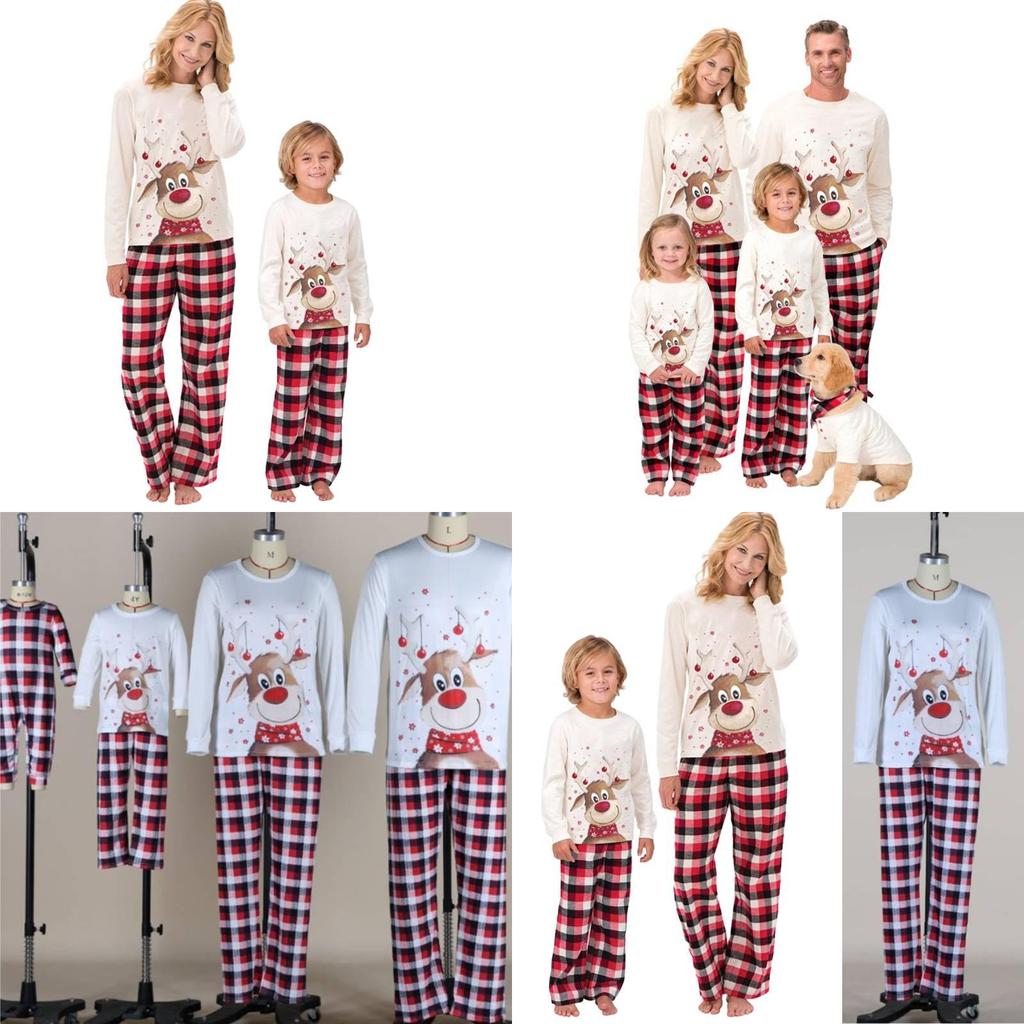Stylish Christmas-themed Cotton Pajamas For Adults And Kids Long Sleeve 2-piece Set