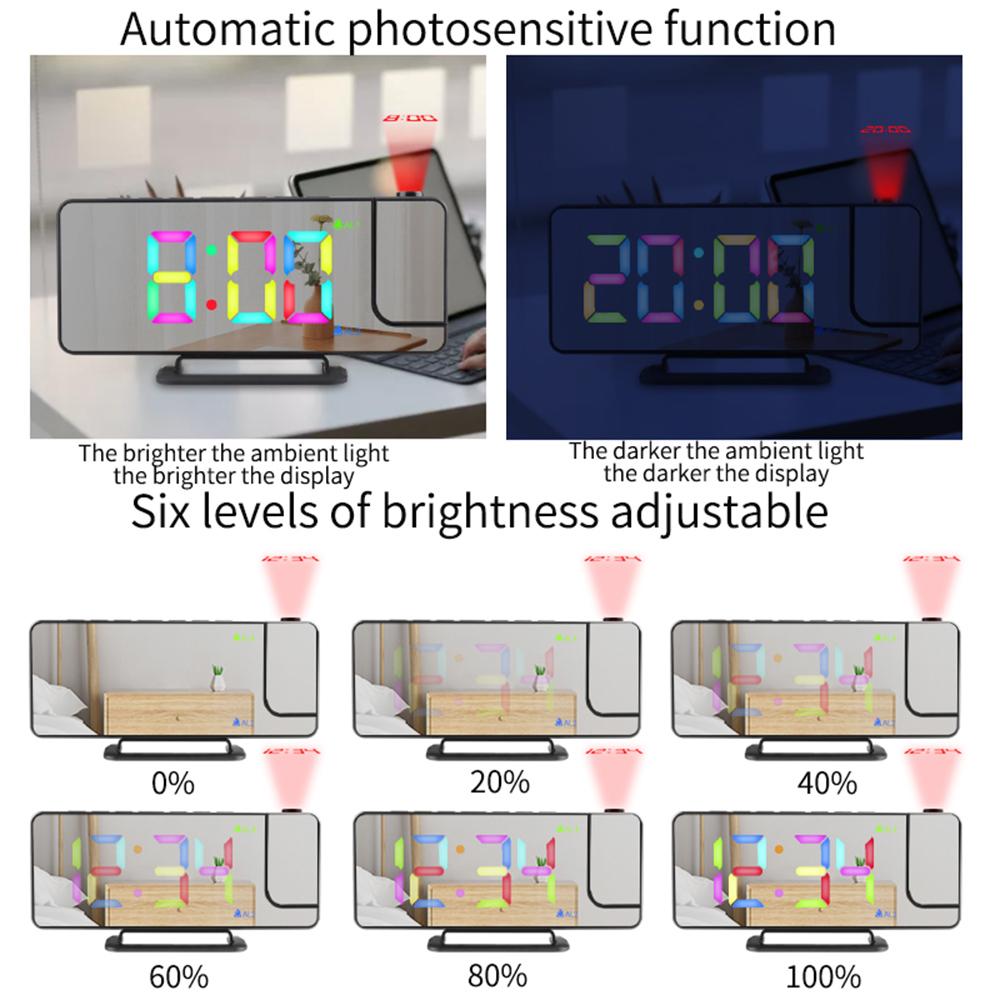 Projection Alarm Clock Digital Mirror Clocks with 180 degrees Rotatable Projector RGB Color Digital LED Display 6 Display Brightness Dual Alarm