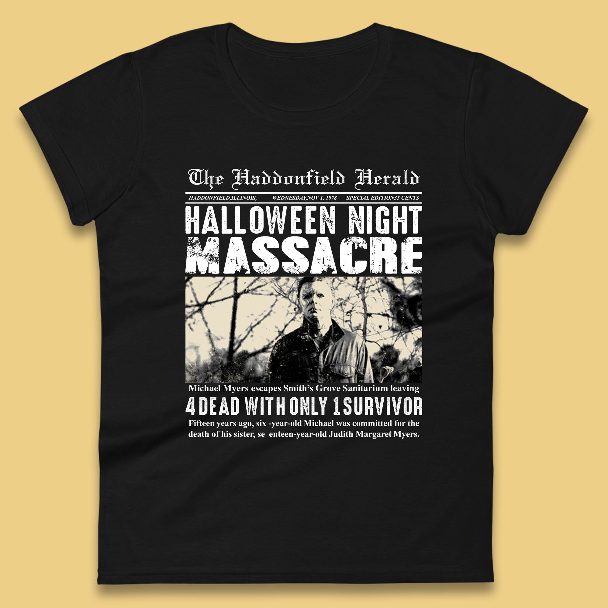 Vintage Halloween Night Massacre 1978 Halloween Newspaper Horror Michael Myers Womens Tee T Shirt Mens Tops Unisex Top S