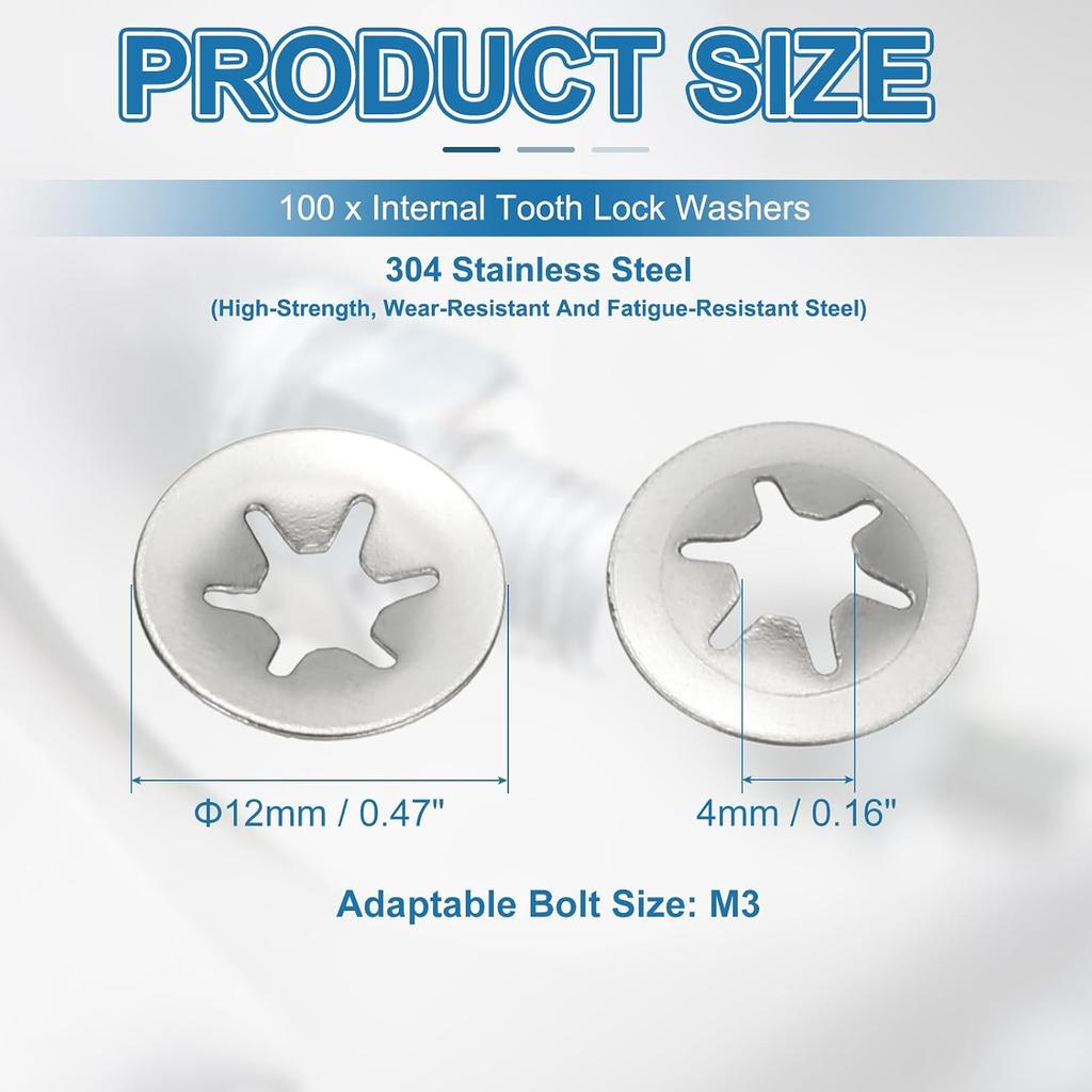 PATIKIL M4 Star Internal Tooth Lock Washers, 100 Pcs Push on Retaining Clips 304 Stainless Steel Quick Speed Locking Washers for Fastening, Silver