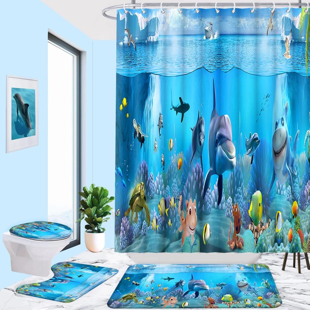 Deep Ocean Dolphin 3D Printing Waterproof Fabric Shower Curtain Set Bathroom Curtains Toilet Cover Mat Non Slip Rug Home Decor