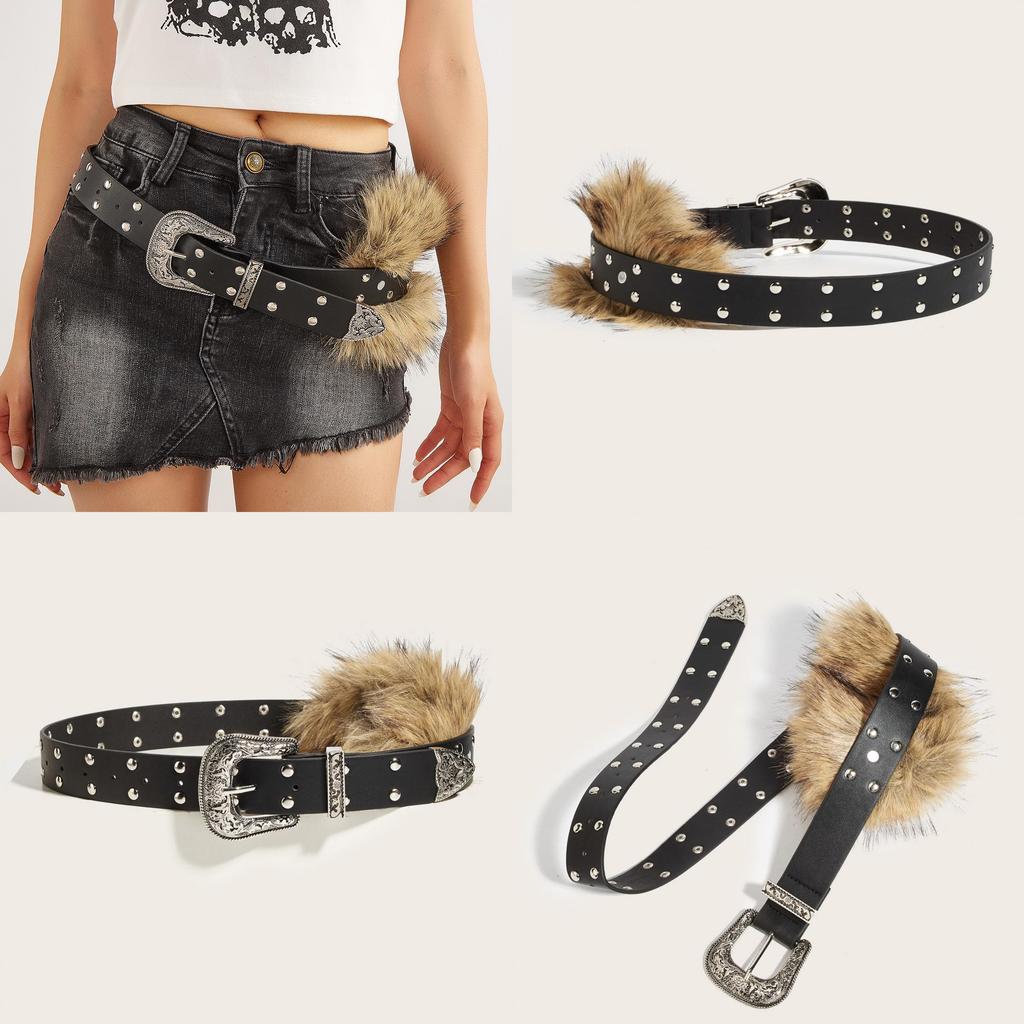 Pu Leather Wide Belt Artificial Fur Design And Carved Needle Buckle For Fashion Lovers