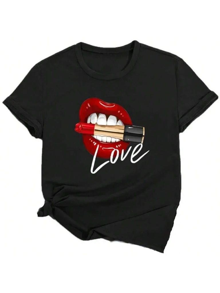 Wounisex Tops O-Neck Sexy Black Tees Kiss Lip Funny Summer Female Soft T Shirt Lips Watercolor Graphic T Shirt Tops Fashion Clothes