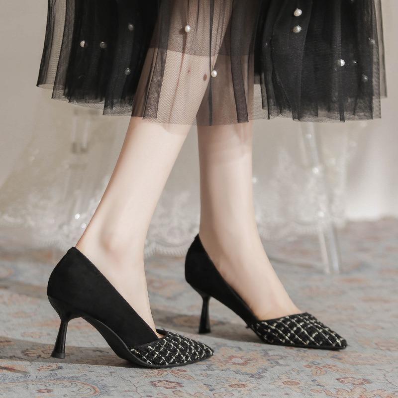 Intellectual Elegance Black Thousand Bird Grid High Heels Spring Thin Heel Pointed Matte Small Fragrant Temperament Single Shoes Women