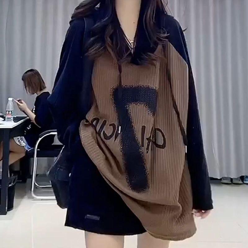 Plus Size Women's European Station Color Block Letter Print Long Sleeve T-shirt (2-300 Lbs)