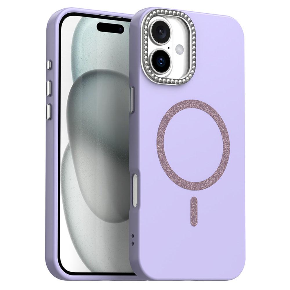 

For iPhone 16 Plus Case Compatible with MagSafe TPU+PET Phone Cover with Rhinestone Decor Lens Frame Purple