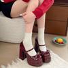 Red Thick Heel High Heels Women's Summer Mary Jane Small Leather Shoes