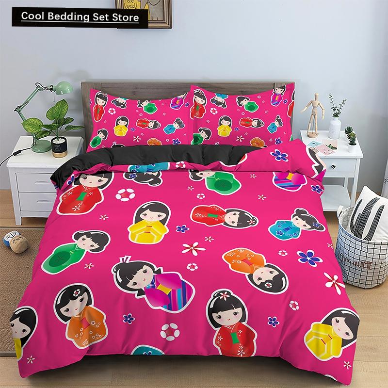 Bettbezug mit japanischer Puppe, bedruckt, King-Queen-Bett, Cartoon-Glückskatze, Bettwäscheset für Kinder und Mädchen, Fan, weiß, 2/3-teilig, Polyester-Bettbezug
