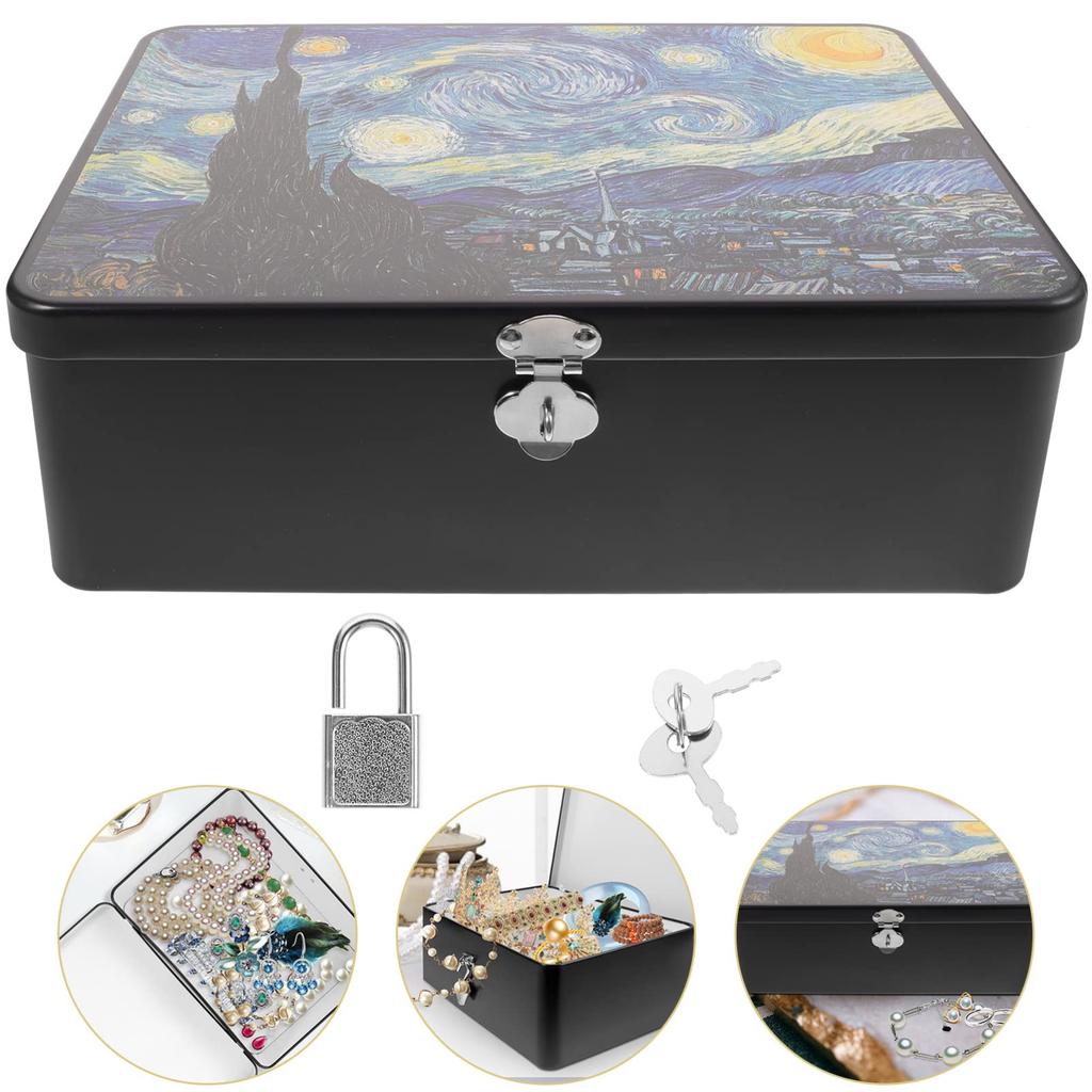NUOLUX Tin Can Storage Box with Lid, Lockable Storage Box, Keepsake Box, Small Storage Box, Vintage Collection Box, Gift Box, 24.5 x 18 x 8.5 cm