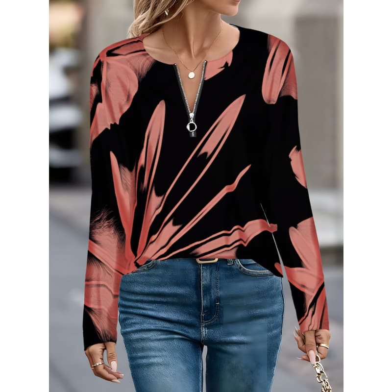 T-shirt da donna con stampa creativa, zip e maniche lunghe, traspirante, morbida e confortevole, adatta per l'abbigliamento casual tutto l'anno