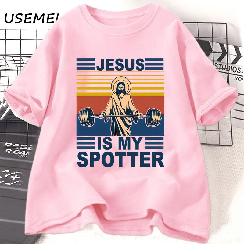 Fitness Jesus Is My Spotter T-shirt Men Casual Vintage Religious Faith Gym T Shirt Christian Funny Faith Tshirt Cotton Clothes