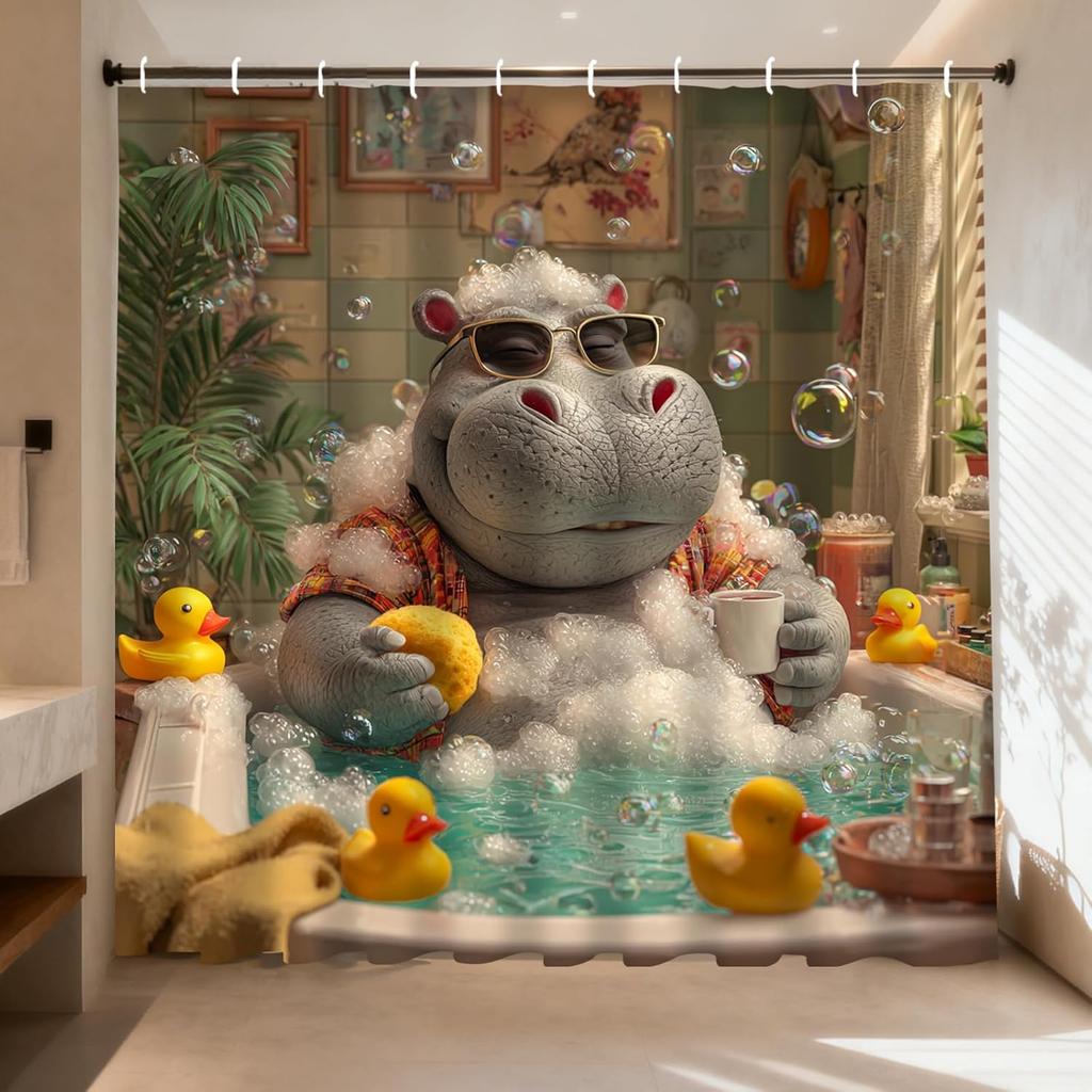 Hippo Bath Time Printed Shower Curtain Funny Animal Artwork For Relaxing Bathroom Decor