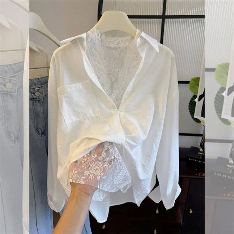 

Unlock the new fashion of stacking and wearing High-end sense versatile white lace splicing shirt temperament niche top women S
