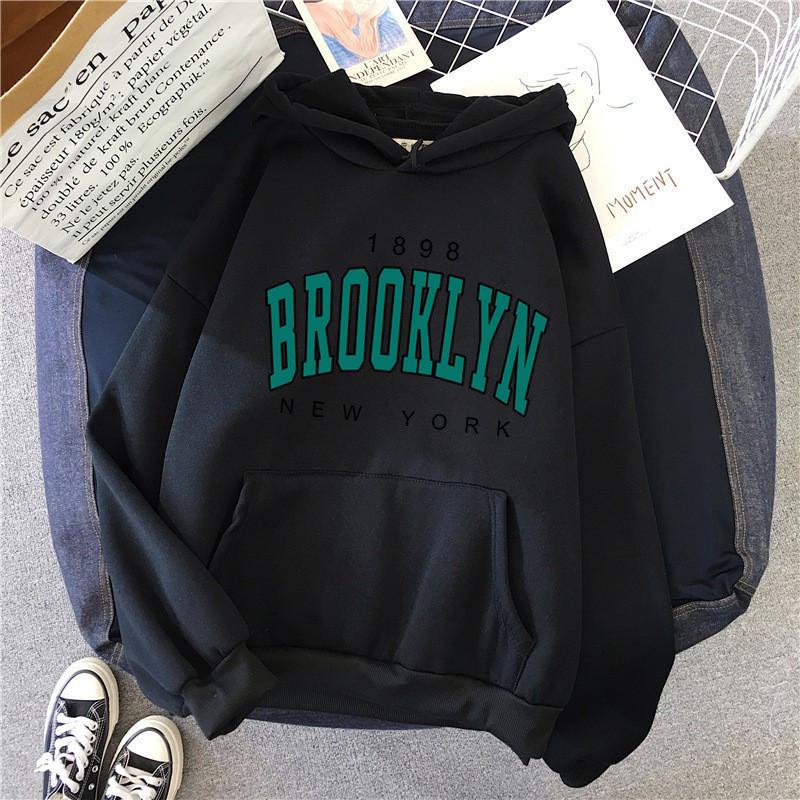 Brooklyn Print Fleece Hoodie: Autumn/Winter Loose Fit for Women & Couples