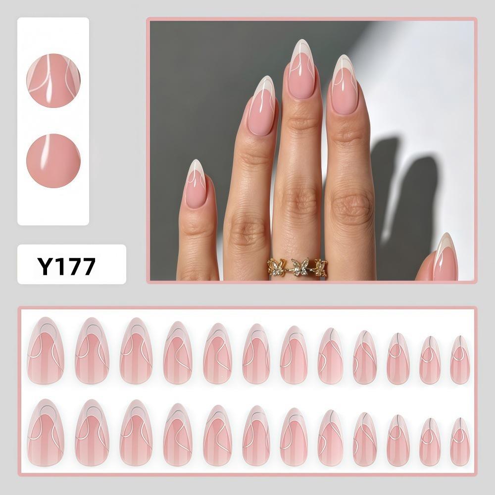 24-Piece French Silver Line Long Almond Press-on Nails