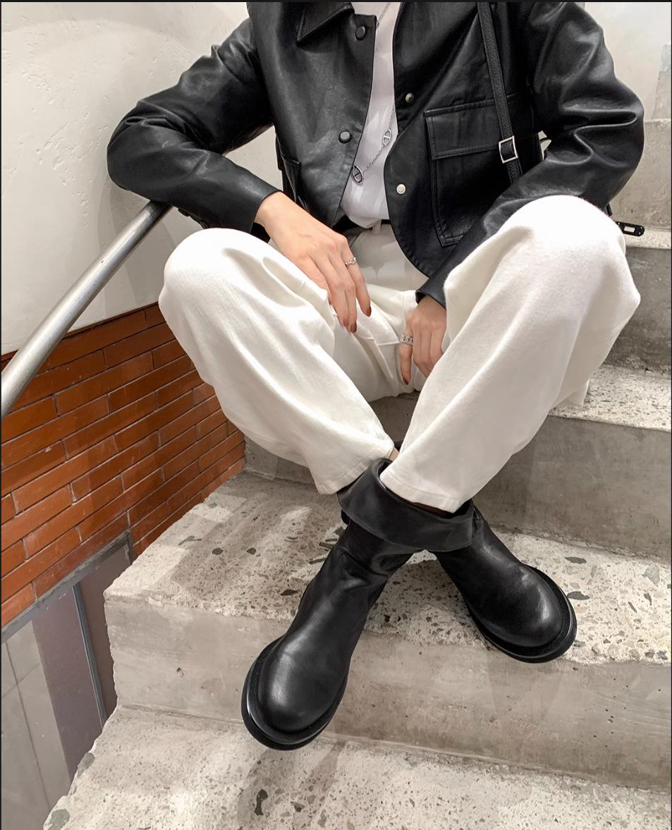 

Корейская версия howi ботинки нишевые два способа носки ленивый рукав универсальные новые ботинки средней длины с круглым носком на толстой подошве рыцарские ботинки женские 40