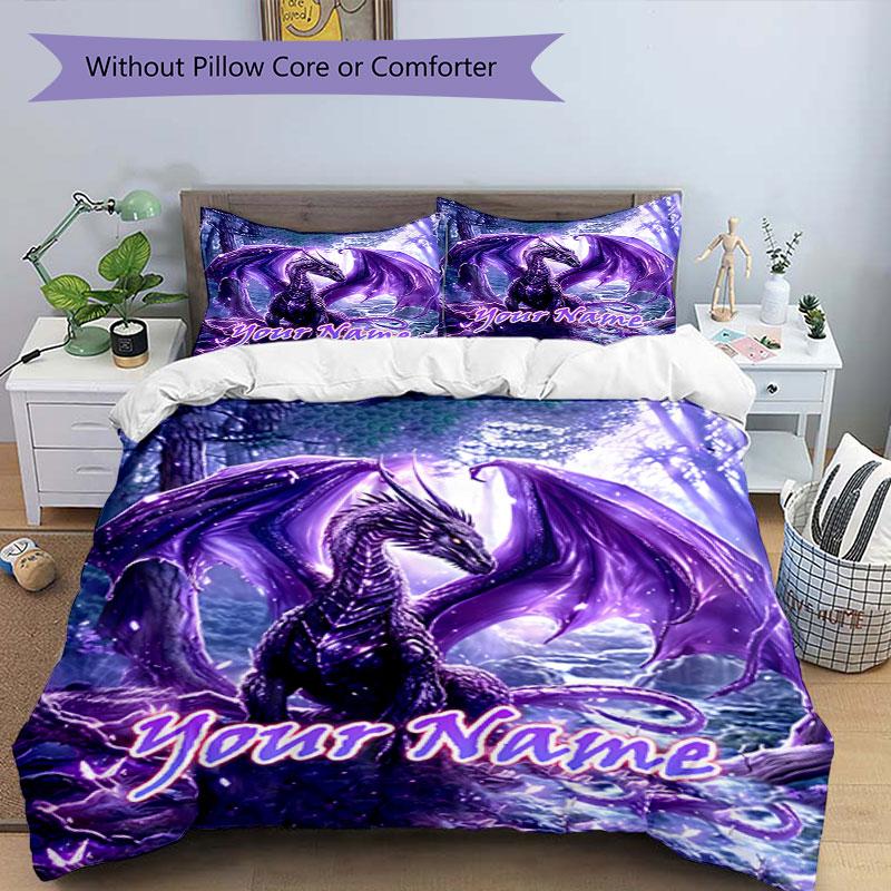 3PC Custom Name Purple Dragon Fantasy Bedding Set Duvet Cover Closure Includes 1 Duvet Cover & 2 Pillowcases for Bedroom