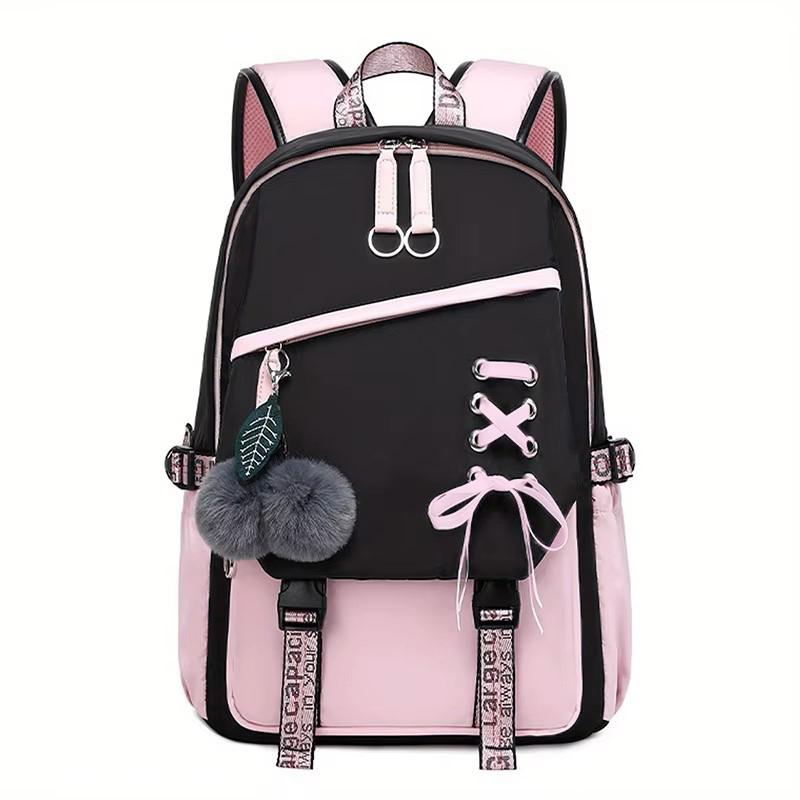 Capacity Large Schoolbag With Cute Plush Pendant Cute Girls Backpack Waterproof Nylon Fabric Bookbag For Kids Teens Students
