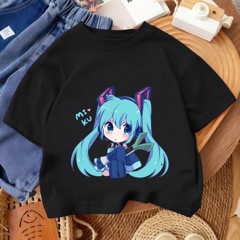 Kids Casual Tee Hatsune Miku Popular Cartoon Print 2026 Summer Boys Girls Street Style Fashion Tops 3-14 Age