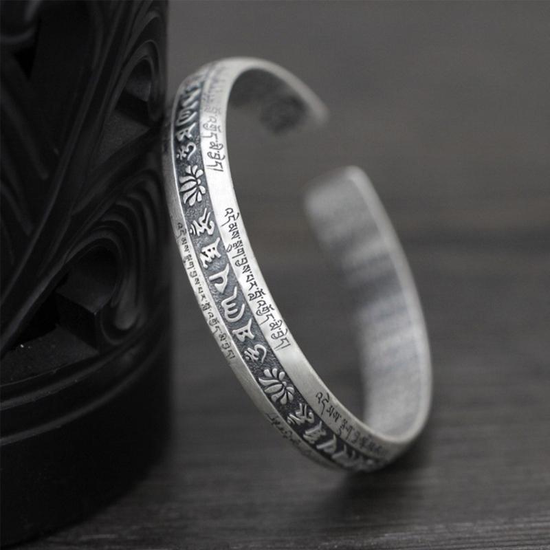 Engraved Open Cuff Bracelet with Vintage Script Detail and Floral Accent, Silver Tone Bangle for Festive Styling and Everyday Wear Use