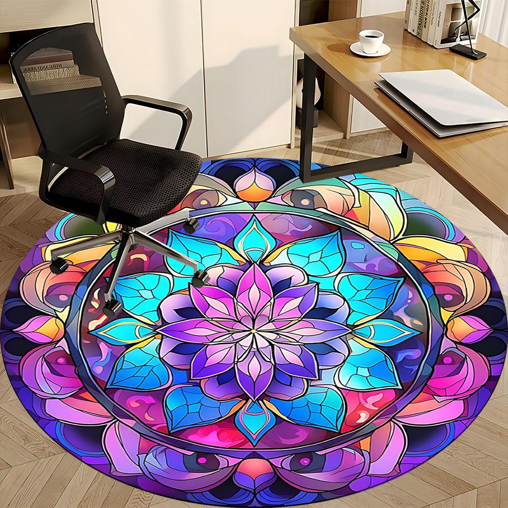 1 Stück Buntglas Mandala Stuhlteppich für das Büro, Runder Polyesterteppich, Innendekoration für das Büro, Waschbarer rutschfester Teppich yy251219012