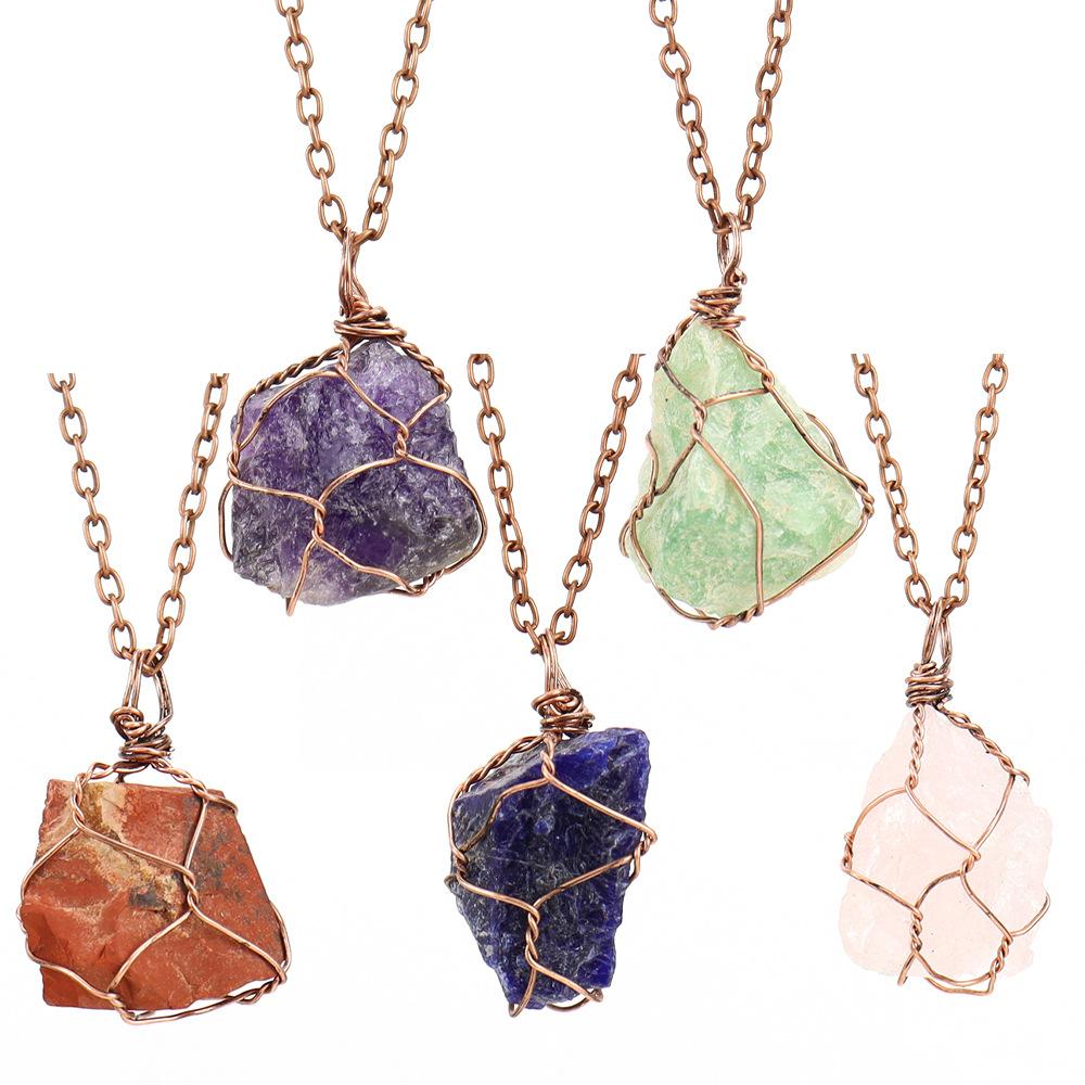 Irregular Natural Crystal Amethyst Rough Stone Pendant Handmade Silk Mesh Pocket Necklace N652