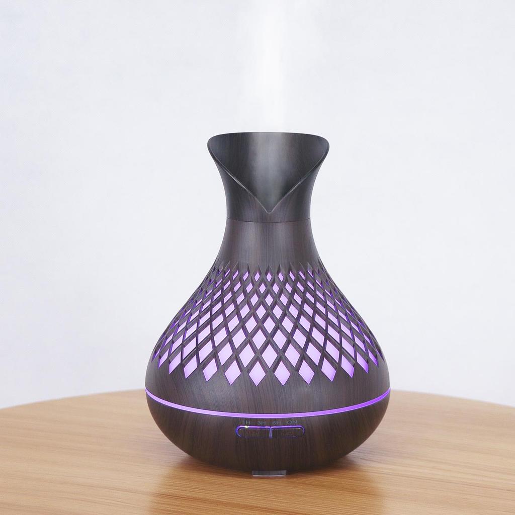 Difusor de Óleo Essencial 500ml com Grão de Madeira e Design Vazado - Umidificador de Pétala de Grande Capacidade para Aromaterapia Doméstica.