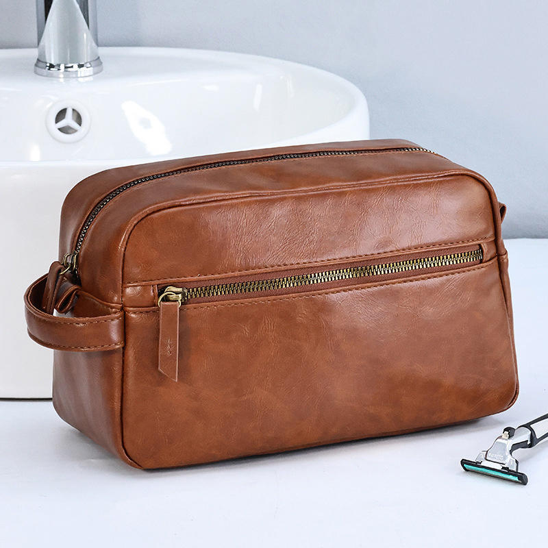 

Leather Toiletry Travel Pouch for Women Men Vintage Bathroom Water Resistant Cosmetic Shaving Bags with Large Capacity One Size
