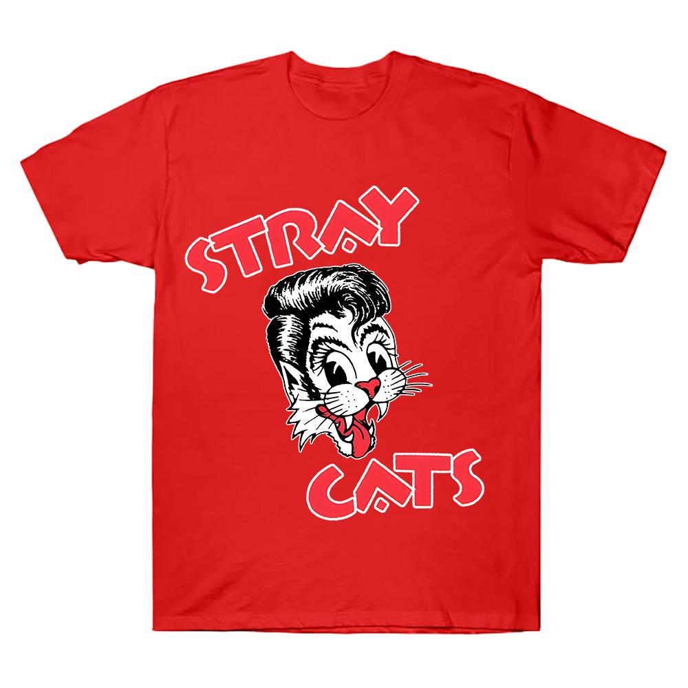 Stray Cats Rock Cat Head T-Shirt Hipster Streetwear Fashion Women Men Crewneck Short Sleeve Cotton Tees Clothing