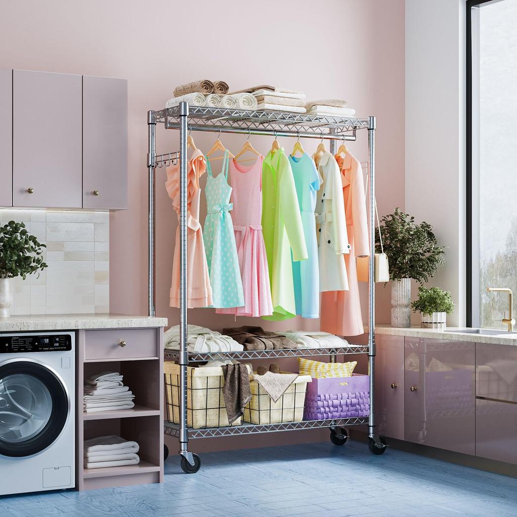 IZEUK Clothes Rack with 3 for with Clothes Tools Tension Heavy Wire Clothes Clothing Freestanding Closet with Adjusters Width 115 X Depth 40 X Height