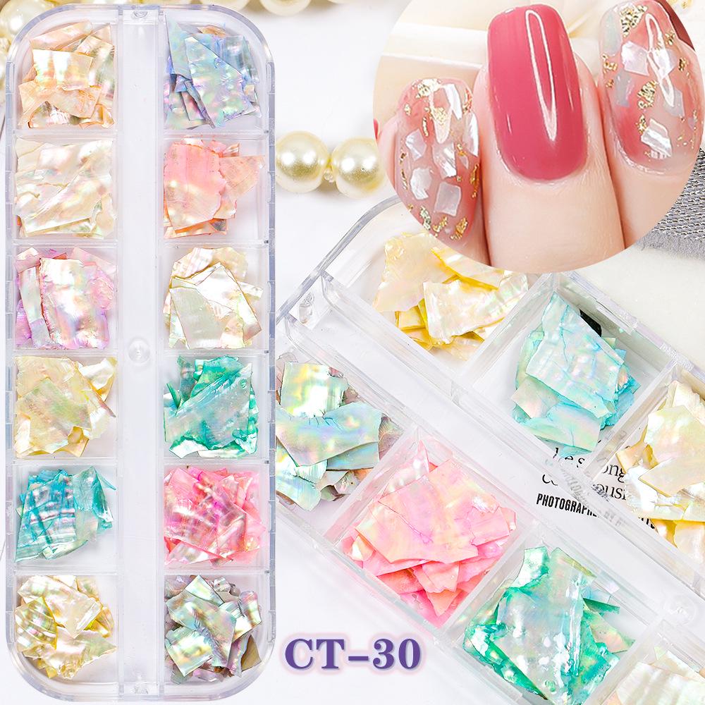 Japanese-Style Iridescent Shell Nail Art: 12 Grids of Natural, Ultra-Thin, Irregular Shiny Pieces