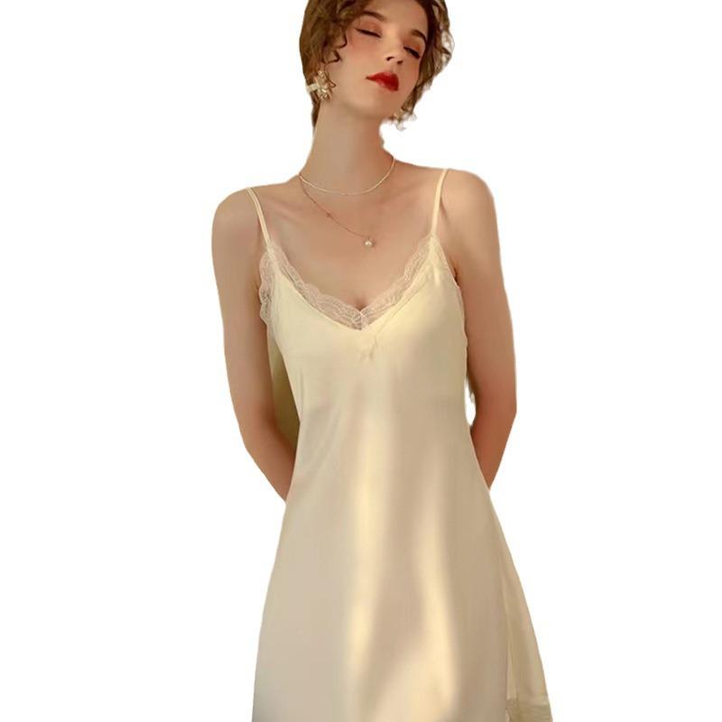 Sexy pajamas ice silk summer thin style with chest pad new pure desire French lace silk suspender nightdress