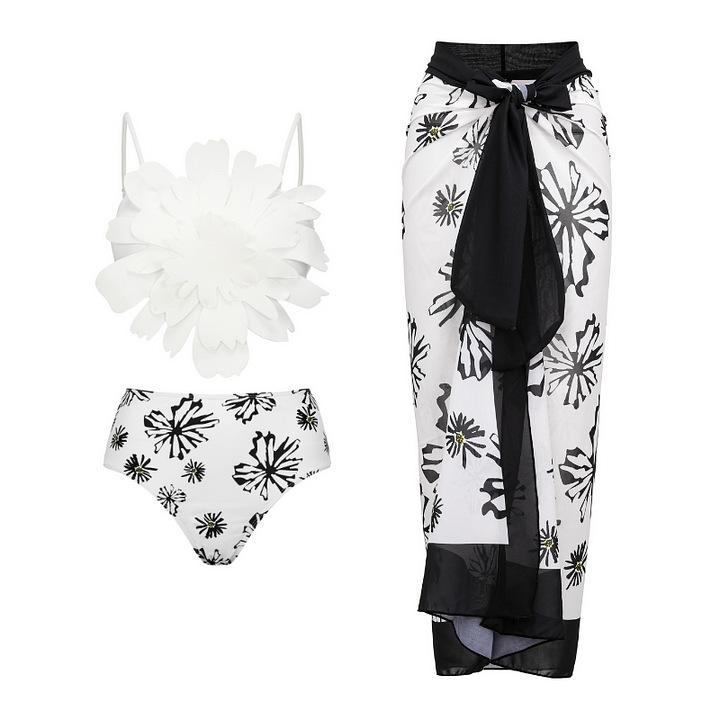 1011 Europäisches und amerikanisches neues Bikini-Blumen-Dekorationsdruck-Split-Badeanzug- und Wickelrock-Set 1111