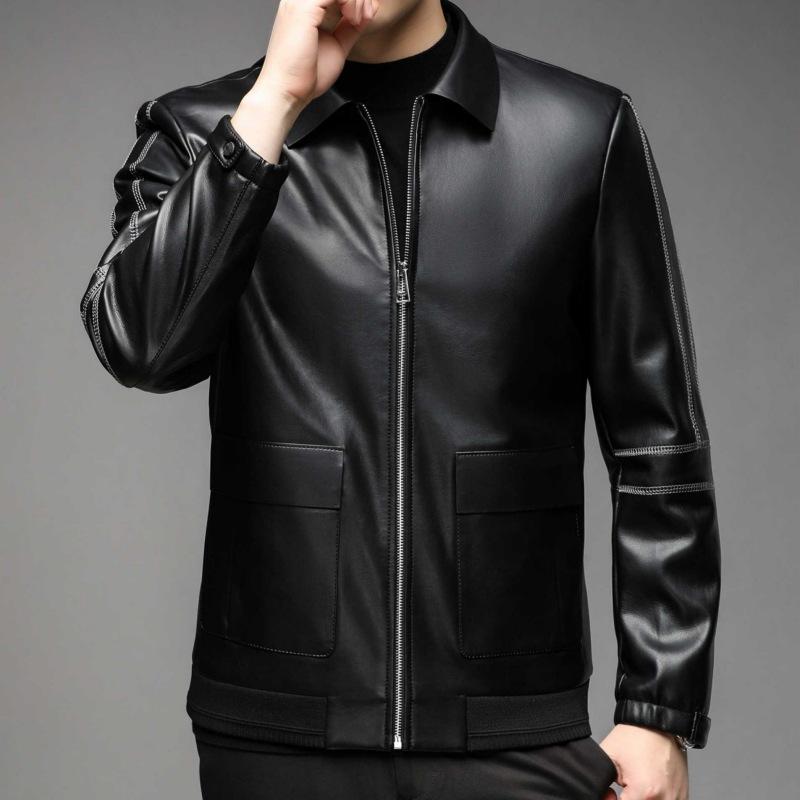 

Spring and Autumn Leather Jacket Men s Genuine Leather Lapel Dad s Sheepskin Top Leather Jacket Middle-aged and Old Leather Jacket 195