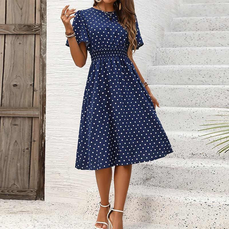 

Женское весенне-летнее новое элегантное платье в горошек с коротким рукавом, облегающее, с небольшой талией, платье А-силуэта для женщин XL