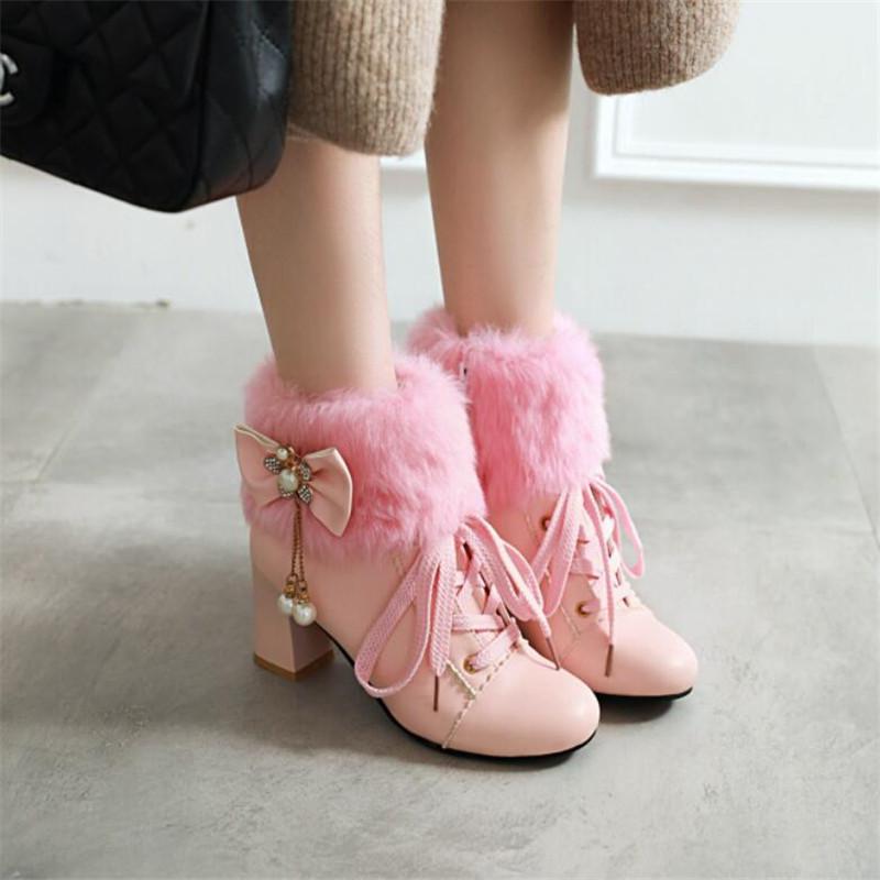Princeznovské boty s mašlí Dámské lodičky na podpatku Zimní teplé kožešinové Dívčí Svatební párty boty Uniforma Lolita Párty Cosplay Boty Velikost 29-43