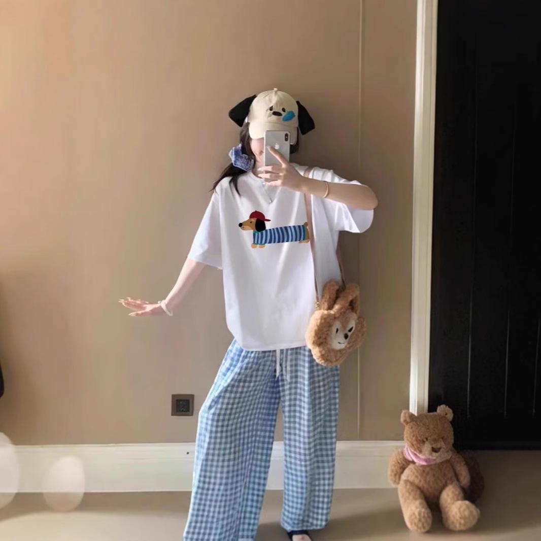 

Women s Summer Retro Dachshund Print Loose Comfortable Five-Sleeve T-Shirt XXL білий