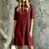 Women's Short Sleeve Notched V-Neck Stand Collar Color Loose Fit Casual Dress with Pockets