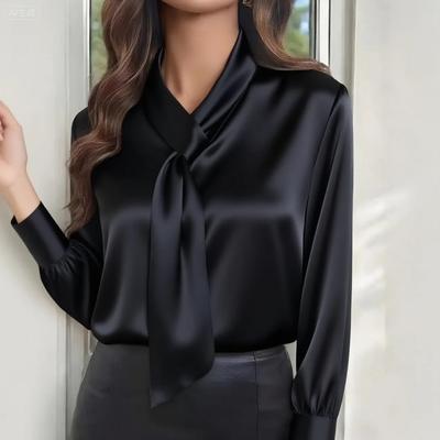 Autumn Solid Color Fashionable Design with Ribbon Long Sleeved Women's Blouses & Shirts