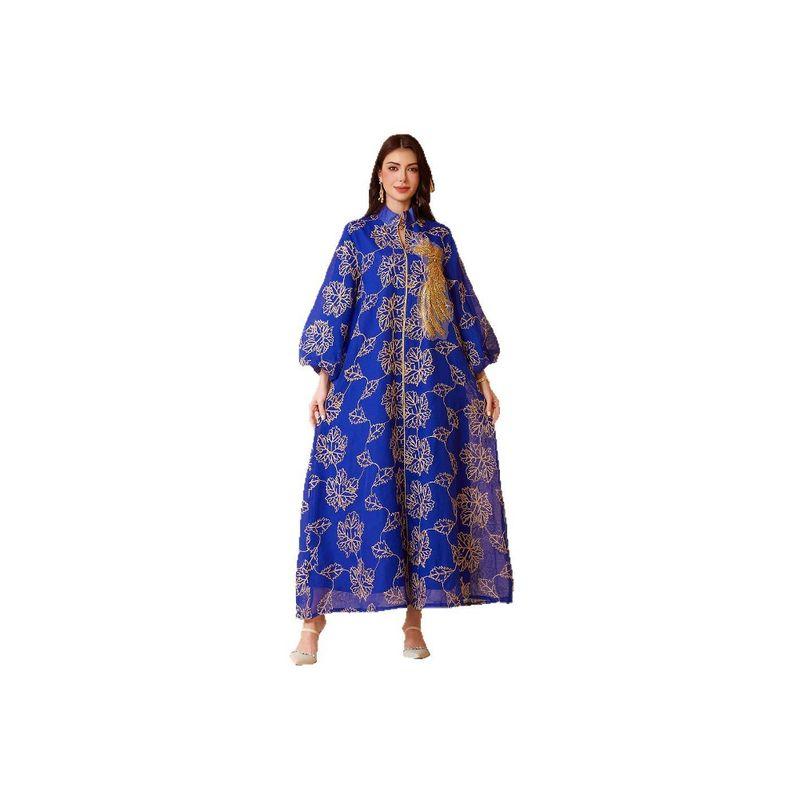 Indonesia Middle East Blue Applique Embroidered Closed Puff Sleeves Belt Dubai Robe Dress Long Dress