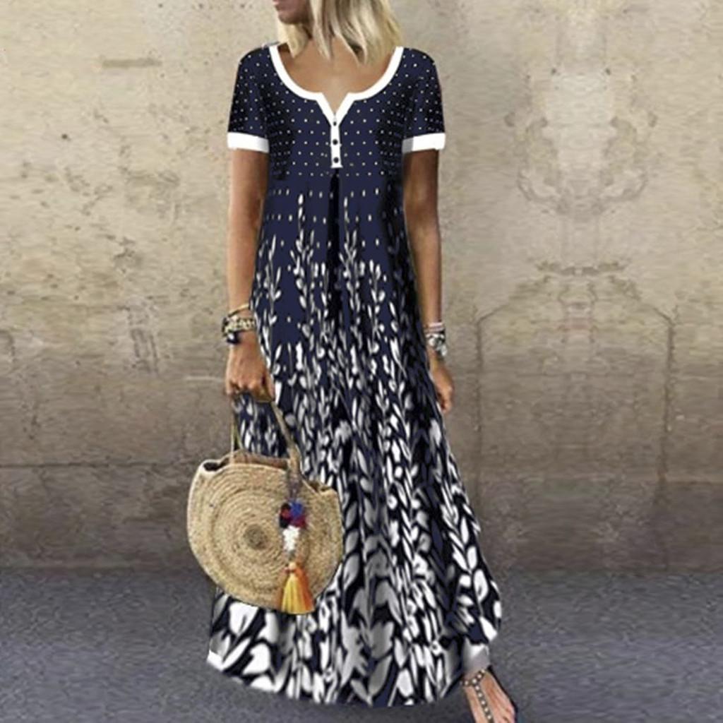 Fashion Women Loose Contrast Print Short Sleeves V-Neck Casual Long Dress