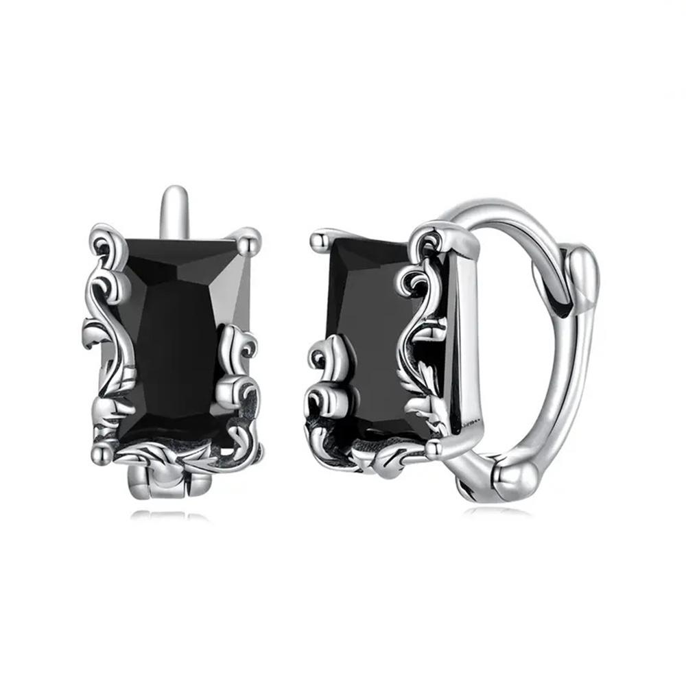 Cute Female Small Black Zircon Stone Hoop Earrings Vintage Fashion Silver Color Wedding  For Women