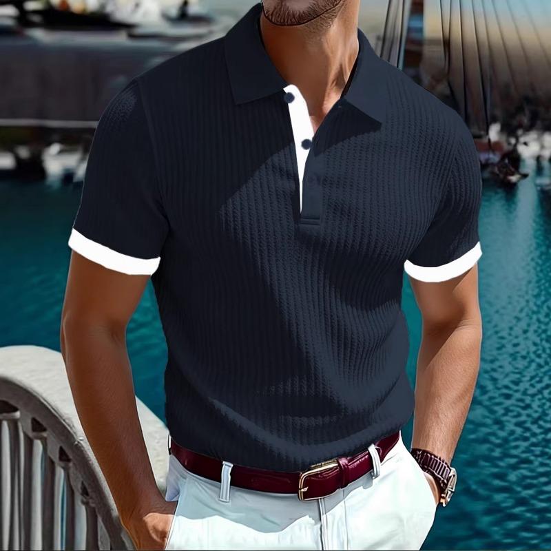 Men's Textured Knit Contrast Trim Short Sleeve Polo Shirt