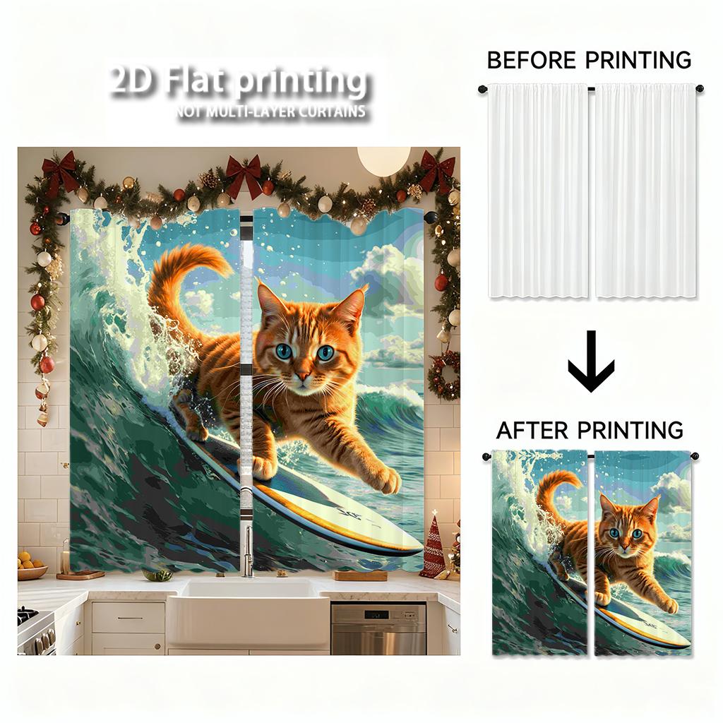 Piece Set High Definition Digital Printed Curtainsorange Tabby Cat Surfing Wave Colorful Vibrant Dynamichome Decoration Curtain Polyester