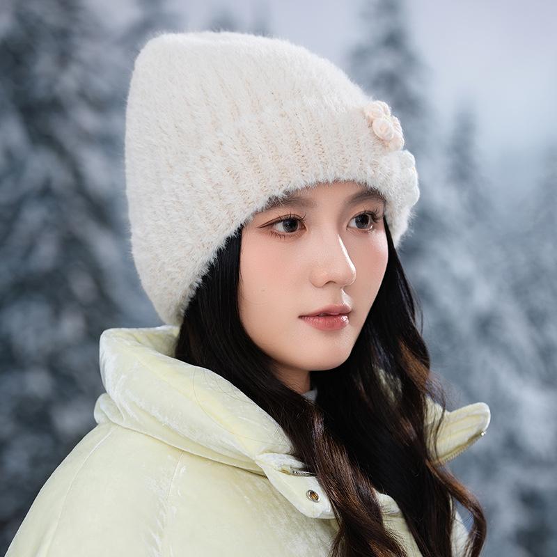 Autumn and Winter Hats for Women Thickened and Warm Flowers  Knitted Wool Hat Korean Baotou Hat  Outdoor Cold Protection Hat