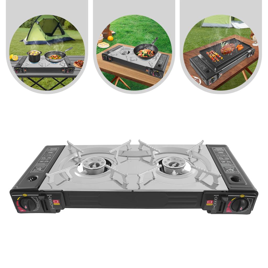 Double-burner Gas Grill Outdoor Portable Camping Stove Two Control Knobs,Automatically Piezoelectric Ignition