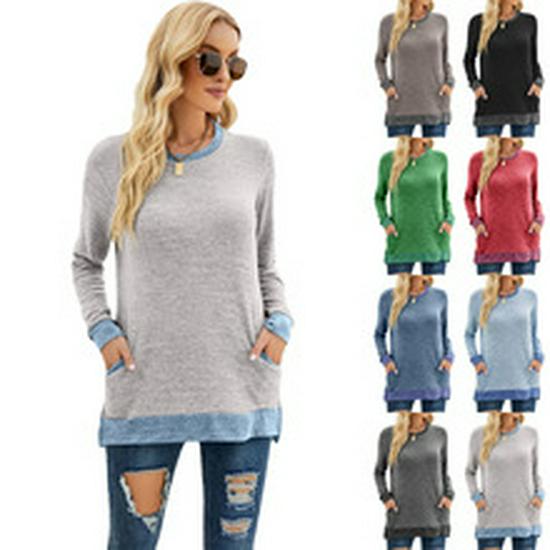 European & American Women's Solid Color Round Neck Pocket Shoulder-Split Short Sleeve T-Shirt