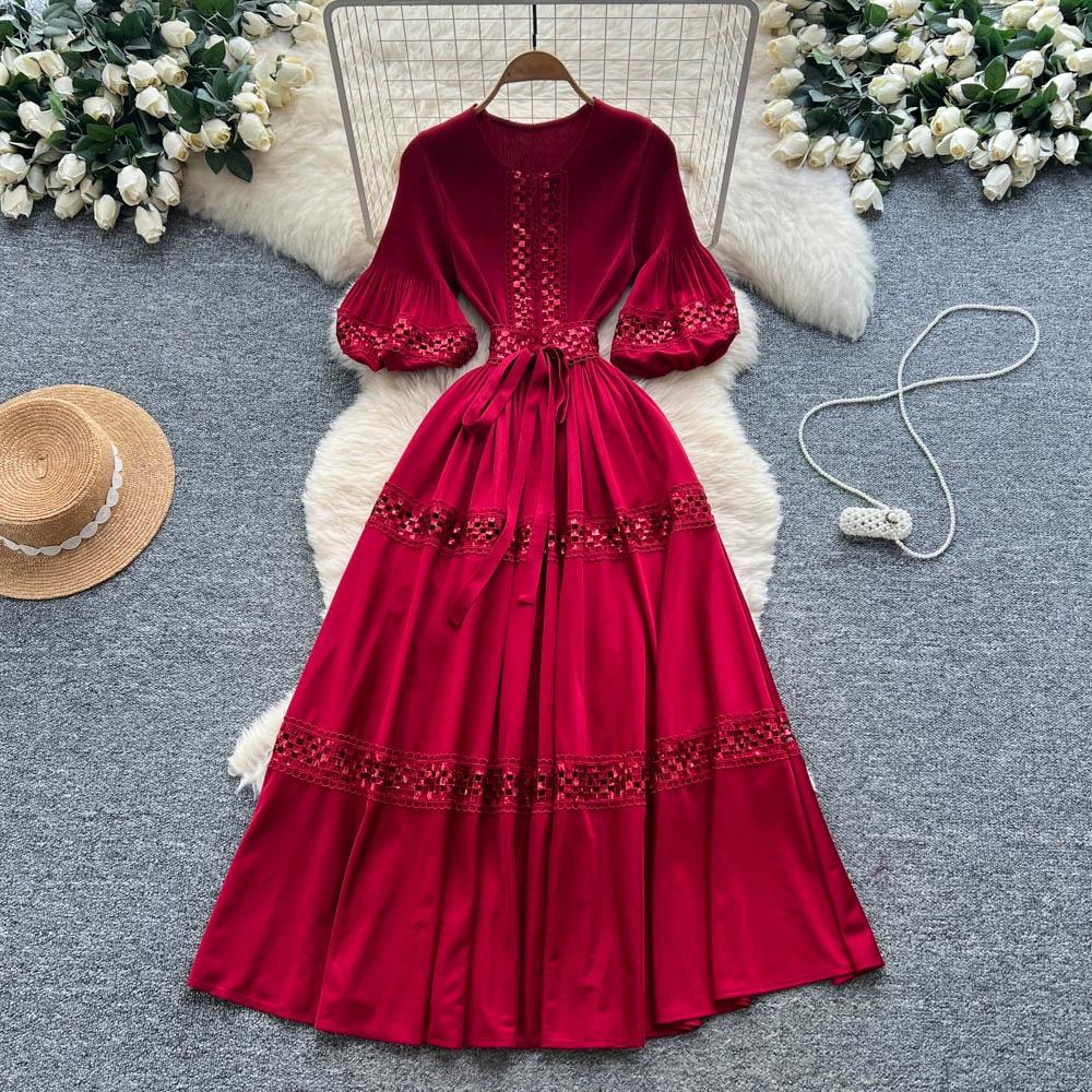 

Высококлассное платье макси с тяжелой шнуровкой, пайеточной панелью, поясом и рукавами-фонариками для женщин, очаровательное длинное женское платье на осень One Size