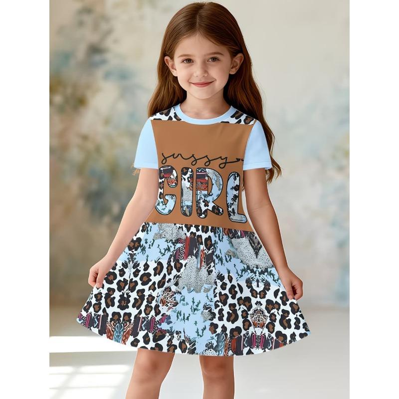 Leopard Print Summer Girls Dress Short Sleeves All Printed Frocks Cute A-Line Princess Dress for Young Girls